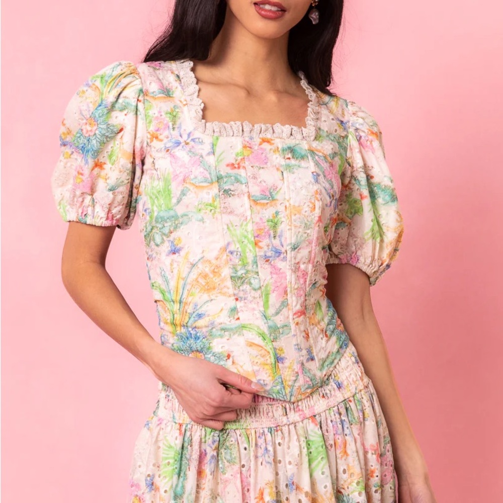 Ivy City Co Pastel Floral Puff Sleeve Square Neck Blouse